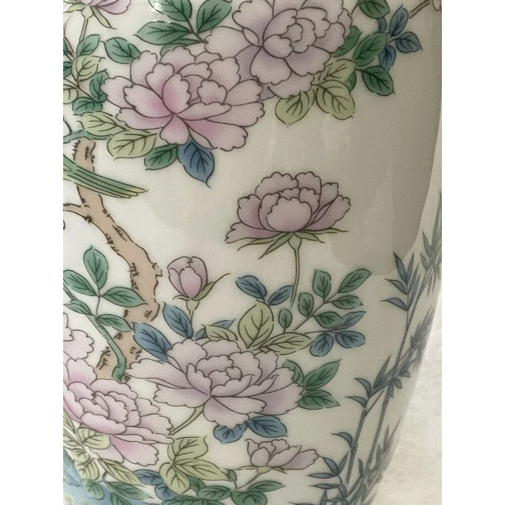 Enesco Vintage 1983 Japan Gold Trimmed Base 10” Green Pink Flowers Birds Blossom